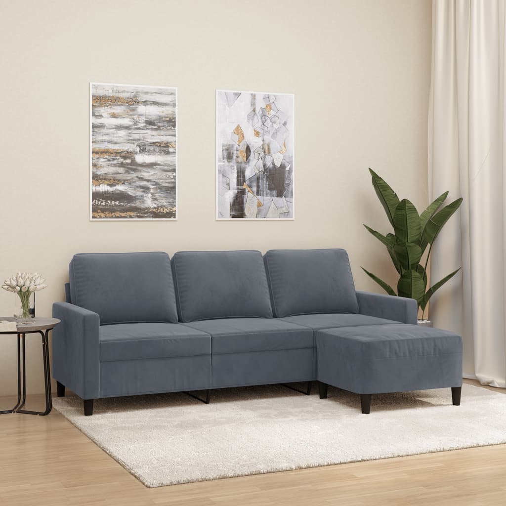 3-personers sofa med fodskammel 180 cm velour lysegrå