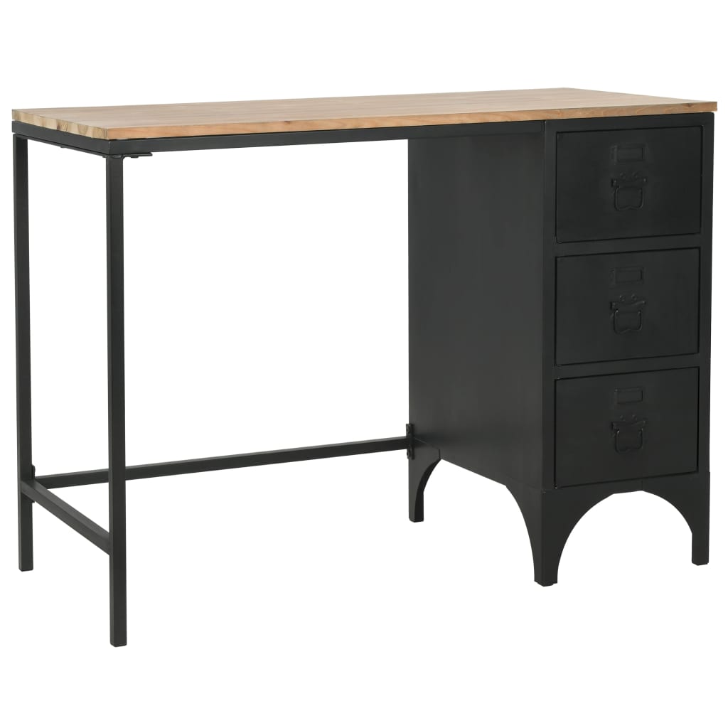 enkelt piedestal-skrivebord massivt grantræ og stål 100 x 50 x 76 cm