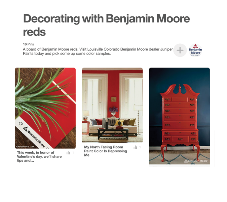 screenshot of a pinterest board titled decorating with benjamin moore reds