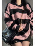 SUSTOP Kawaii Striped Oversized Sweater Pink Aesthetic Coquette Hole Ripped Loose Jumper Korean Fashion High Streetwear Women
