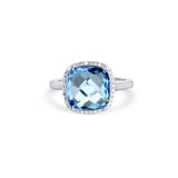 14K White Gold Blue Topaz Center Stone Cushion Cut Ring With Diamond Halo