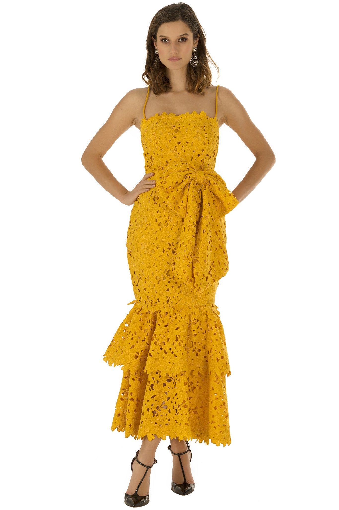 long yellow ruffle dress