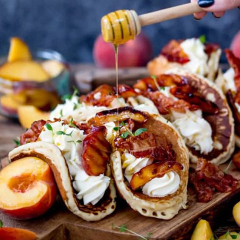 Kitchen Sanctuary Pancake Tacos With Caramelised Peaches and Pancetta