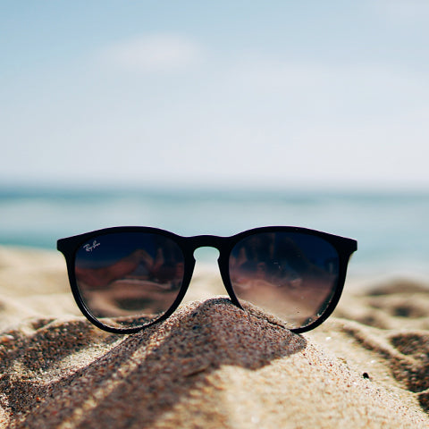Sunglasses in the sand in summer