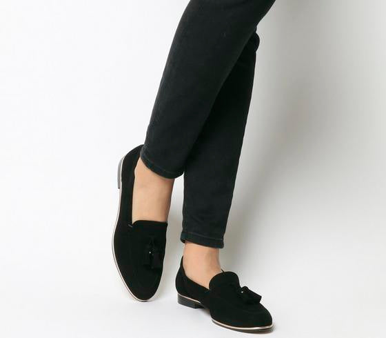 black and rose gold loafers