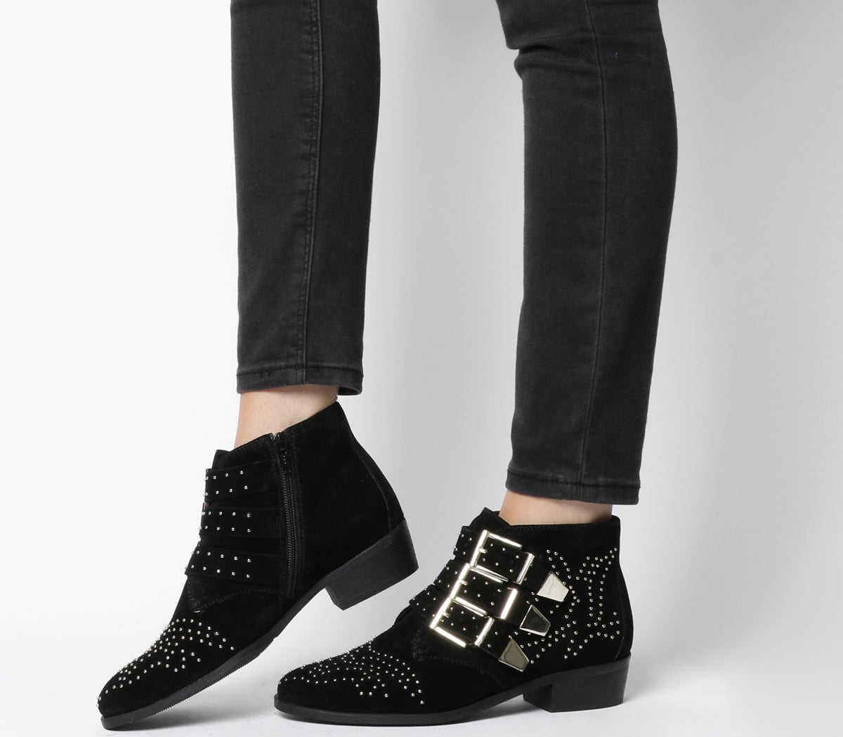 black studded strap ankle boots
