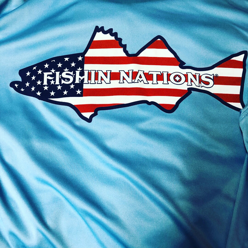 columbia red white and blue fish shirt