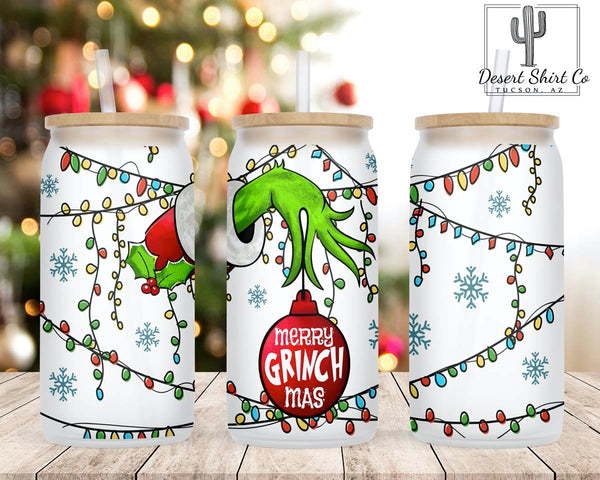 16oz Candy Grinch Glass Can Cup with Lid and Straw