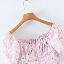 Load image into Gallery viewer, Cottagecore Aesthetic | Coquette Pink Floral Print Fairycore Blouse | Short Puff Sleeve Boho Blouse |  French Style Bow Ruffle Crop Top

