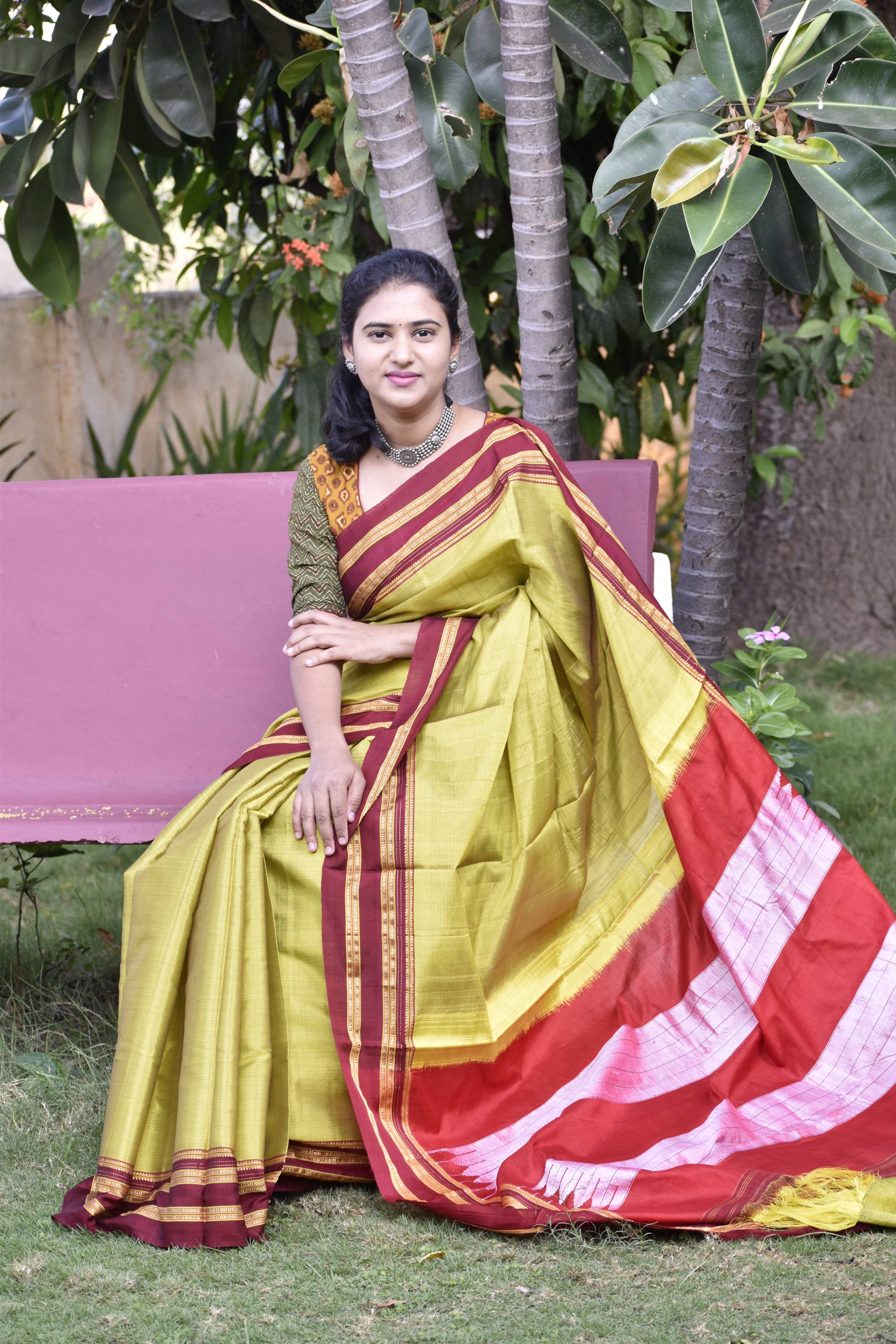 Rani Pink Cotton Ilkal Saree with Mustard Yellow Chikki Paras border — TVAMI