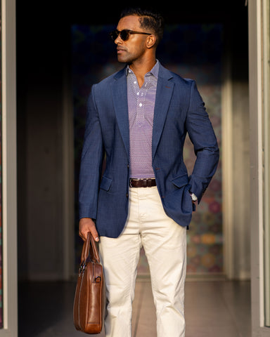 navy blazer with linen pants and genuine leather belt from collars & co.