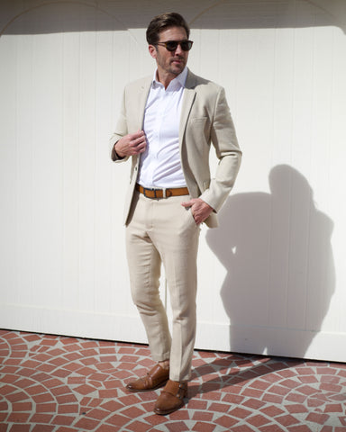 neutral suit paired with genuine leather shoes and belt to create the ultimate italian look