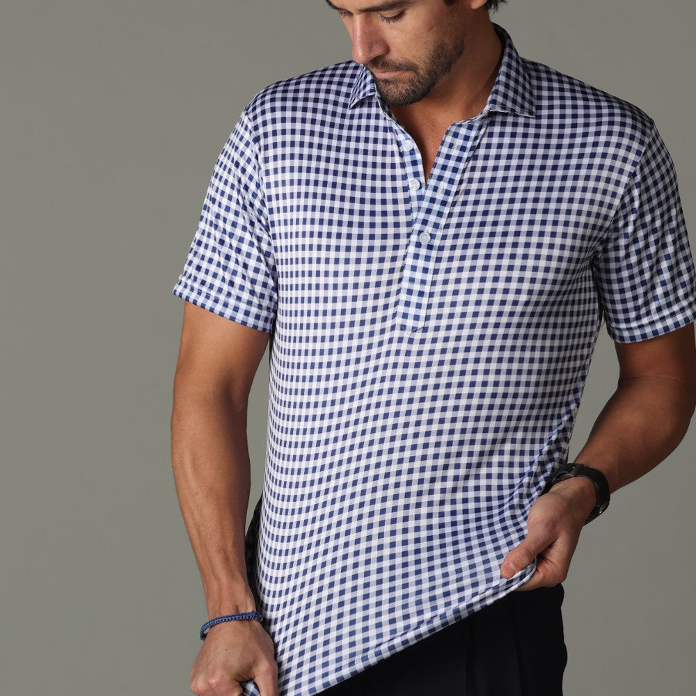 Semi-Spread Collar Polo Navy Gingham