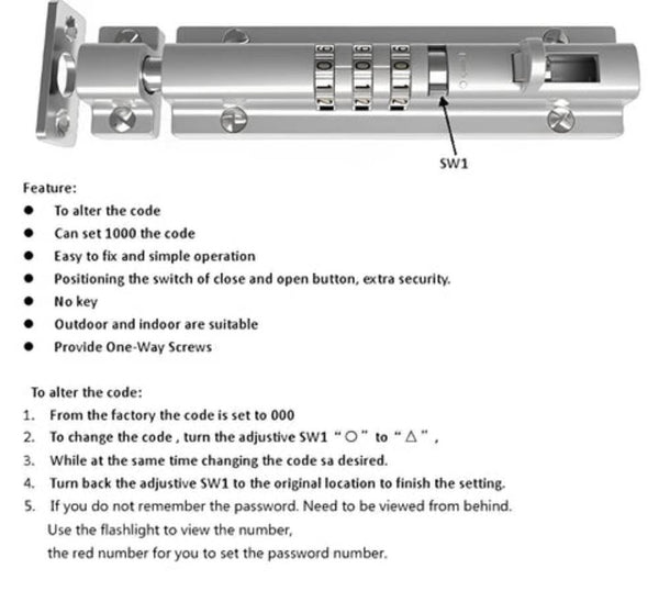Image of a silver combination lock with instructions for setting and changing the code, suitable for indoor and outdoor use, marketed as Watchdog Security Pet Doors Cover