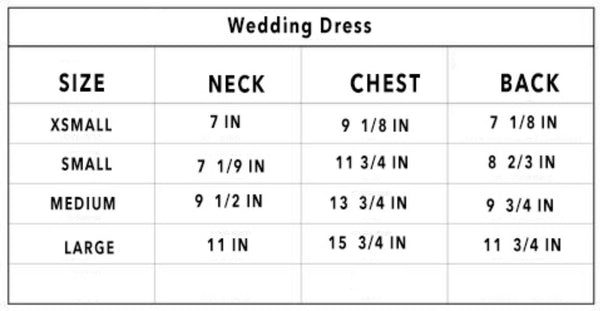 The image is a size chart for the Hello Doggie Dog Wedding Dress, detailing measurements for neck, chest, and back for sizes XSmall, Small, Medium, and Large