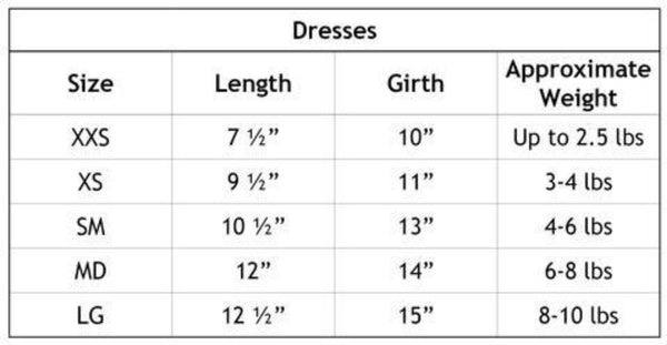 The image shows a size chart for the Hello Doggie Lacey Puff Heart Dog Dress, detailing sizes XXS to LG with corresponding length, girth, and approximate weight ranges