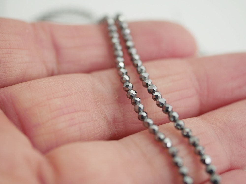 Micro Faceted Gemstone 2mm Hematite Gemstone Bead Tiny Gemstone Beads Accent Beads Spacer Gems (1 strand) X403