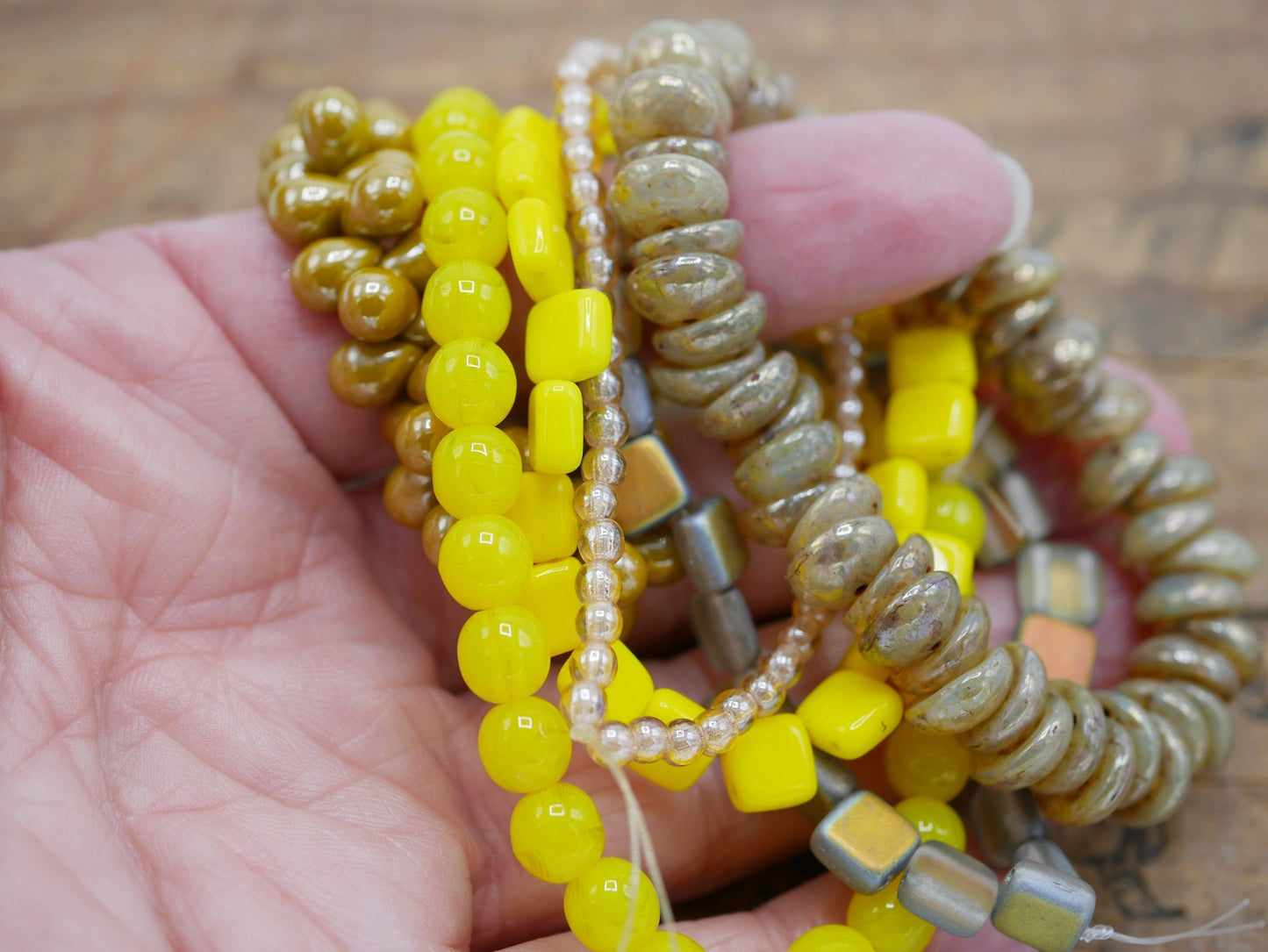 Glass Bead Mix Lot Yellow Gold Picasso Strands of Beads (6 strands as Pictured) N6