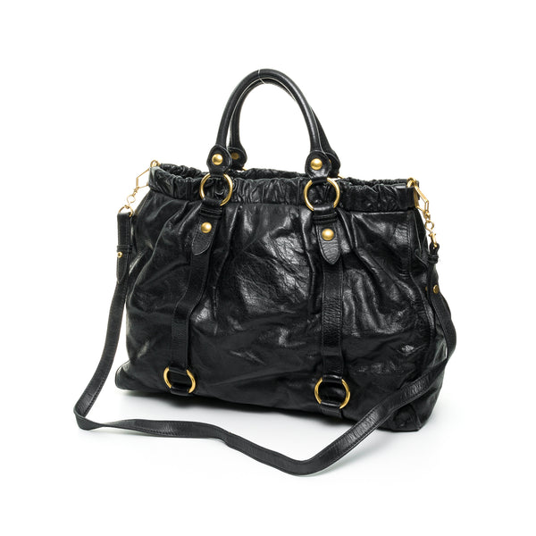 $1500 Miu Miu Vitello Large Black Leather Gold Hardware Bow Bag