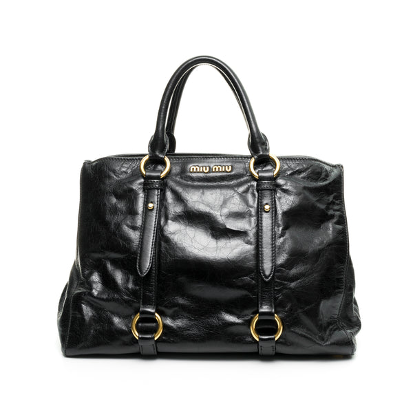 Miu Miu Black Leather Vitello Shine Nero Satchel