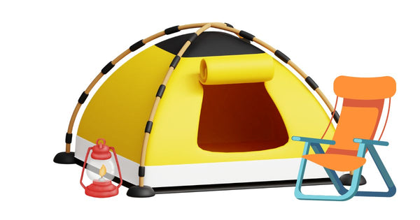 illustration of a camping tent with camping chair and lantern