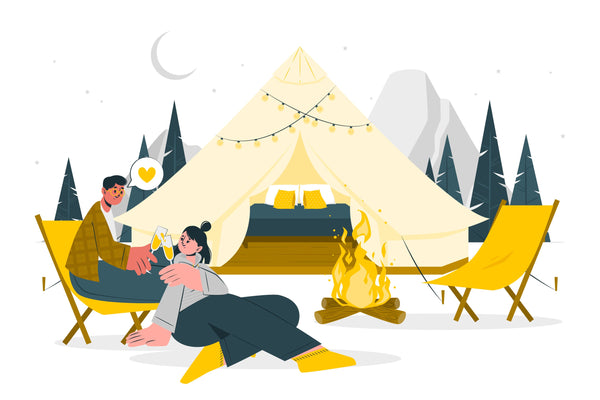 camping illustration of man and woman sitting front of a big tent