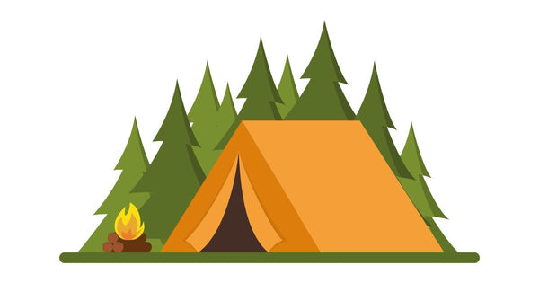 illustration of a tent with campfire and trees