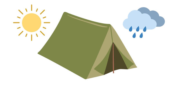 illustration of a camping tent with a sun and a rainy weather icons
