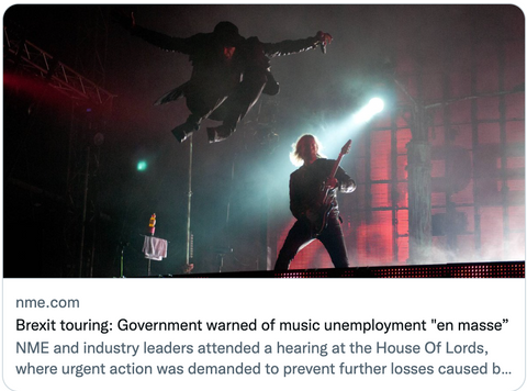 Brexit touring: Government warned of music unemployment "en masse” NME and industry leaders attended a hearing at the House Of Lords, where urgent action was demanded to prevent further losses 
