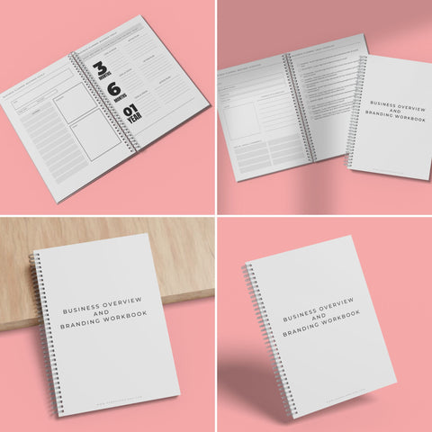 4 photos of the printable business overview and branding workbook on a pink background.