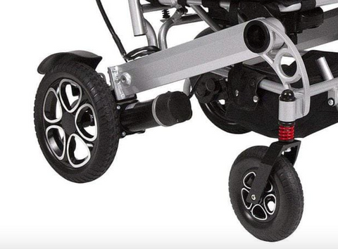 close up of electric wheelchair wheels