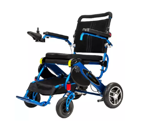 power wheelchair with blue aluminum frame