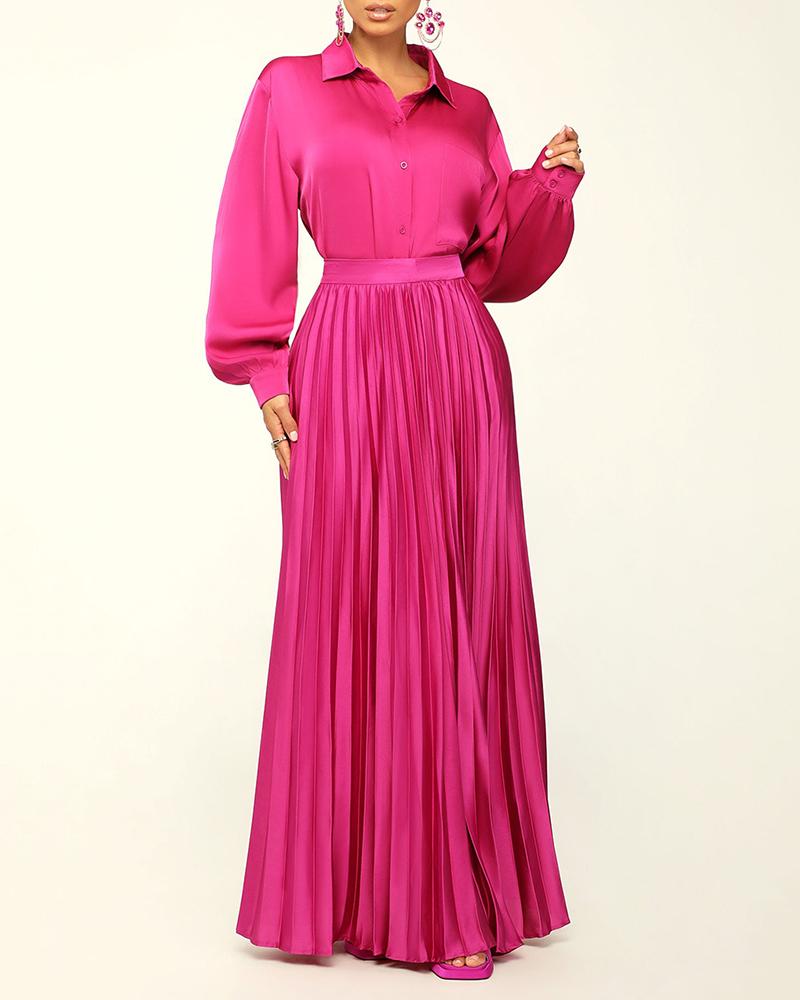 Fashion Solid Color Shirt & Pleated Skirt Two Piece Set