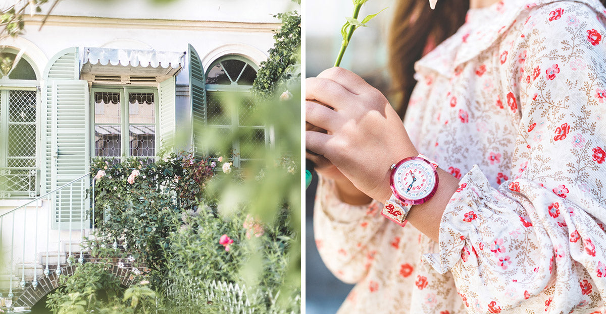 The flowery bracelet marked by the initials TC highlights the brand's emblem. This X Flikflak Tartine watch blends into nature. 