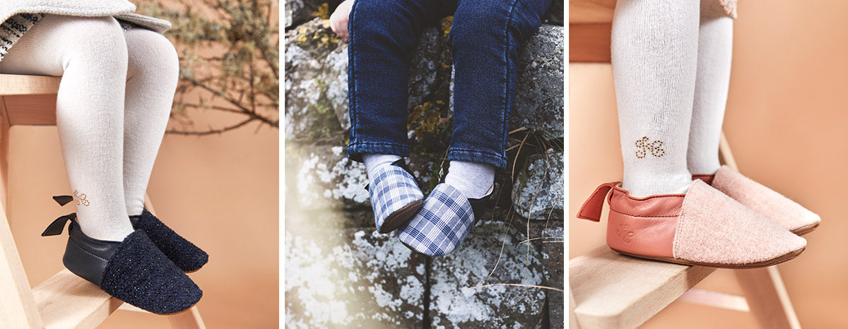 Ces petits chaussons confortables et résistants sont réalisés à partir de chutes de tissu Tartine et Chocolat upcyclés et de cuir au tannage végétal