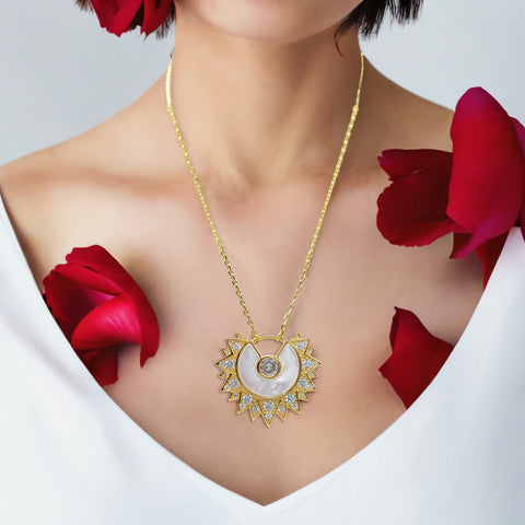 model covered in roses wearing sunshine necklace