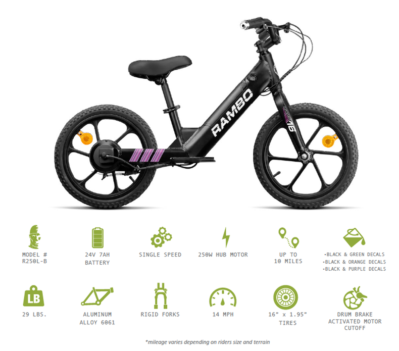 RAMBO| LIL WHIP 250W 16″ LIL WHIP Kids Electric Bike-ebikehaul