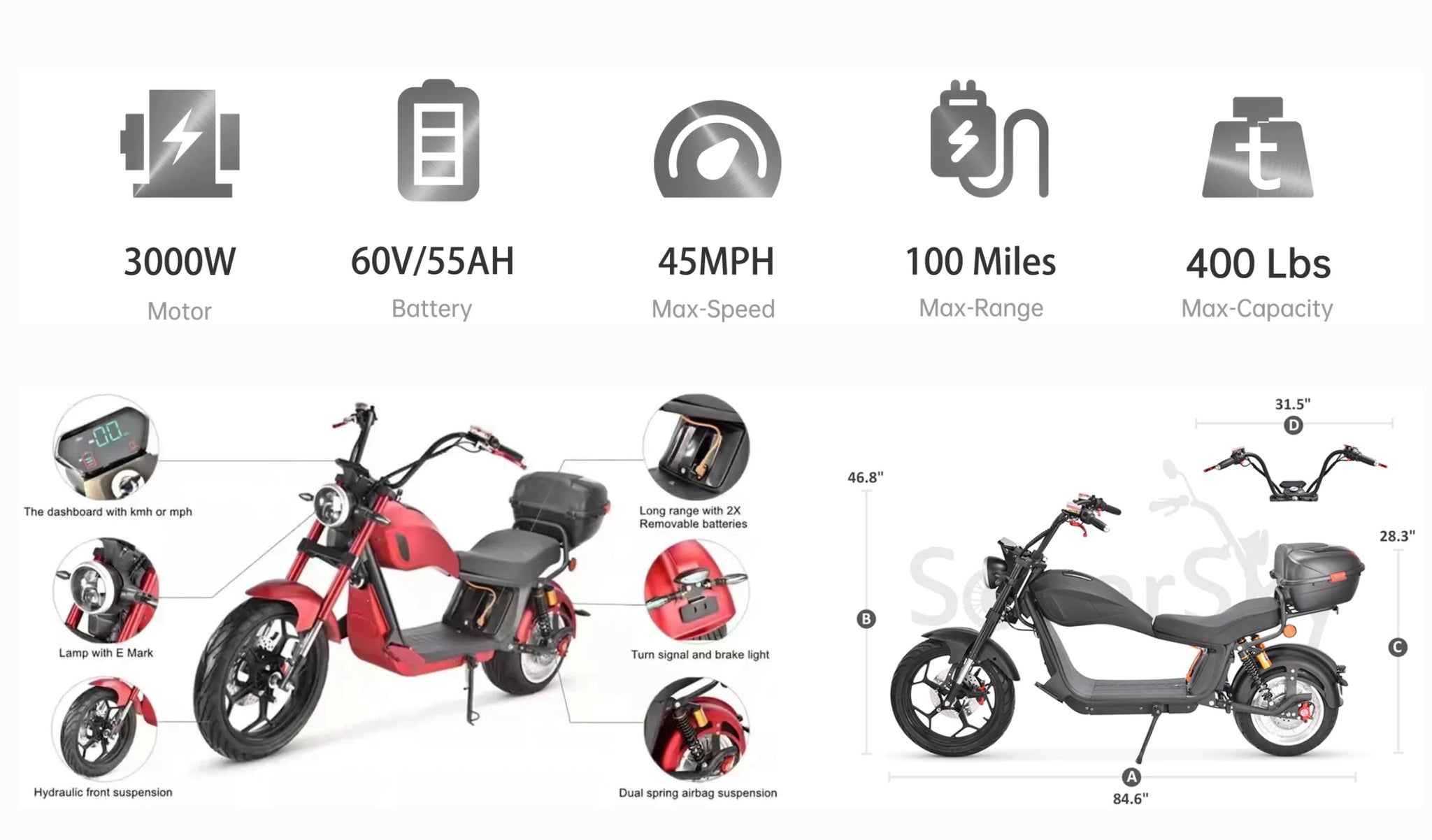 45MPH / 100Miles Super Electric Scooter M10 with 3000W Motor