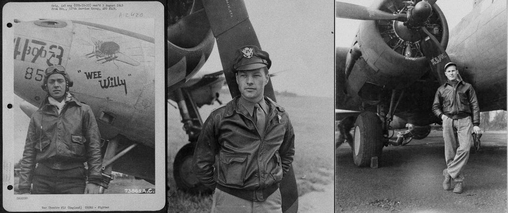 Photographic composition featuring the bomber jacket in front of fighter planes, based on three archive images.