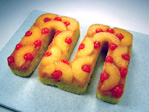 Baker's Edge Pineapple Upside Down Cake seen upside down, out of the pan, already baked.