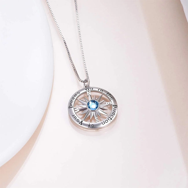 Inspirational Gift Sterling Silver Compass Necklace with Birthstone Crystal for Men & Women Graduation Gift