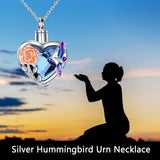 Hummingbird Urn Necklace for Ashes Sterling Silver with Crystal Heart Cremation Jewelry Keepsake Memory Jewelry for Women 18+2”