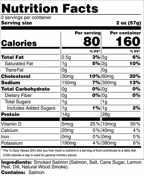 Lemon Dill Smoked Sockeye 4 oz nutrition label