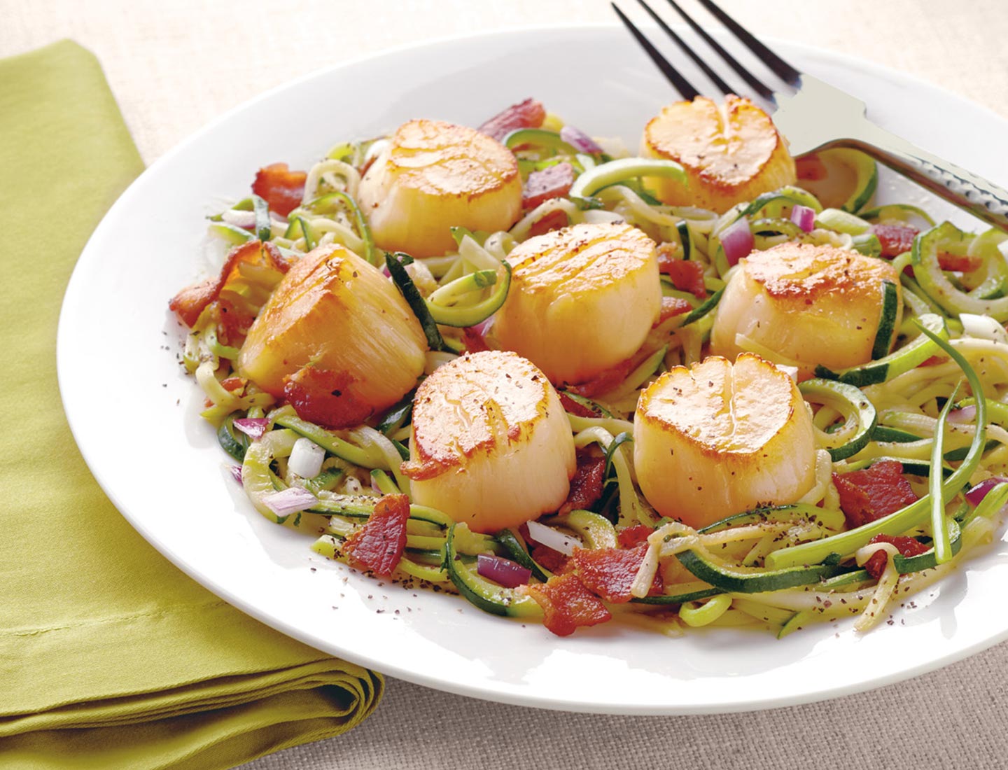 Wild Alaskan Scallops with Zucchini Noodles and Bacon