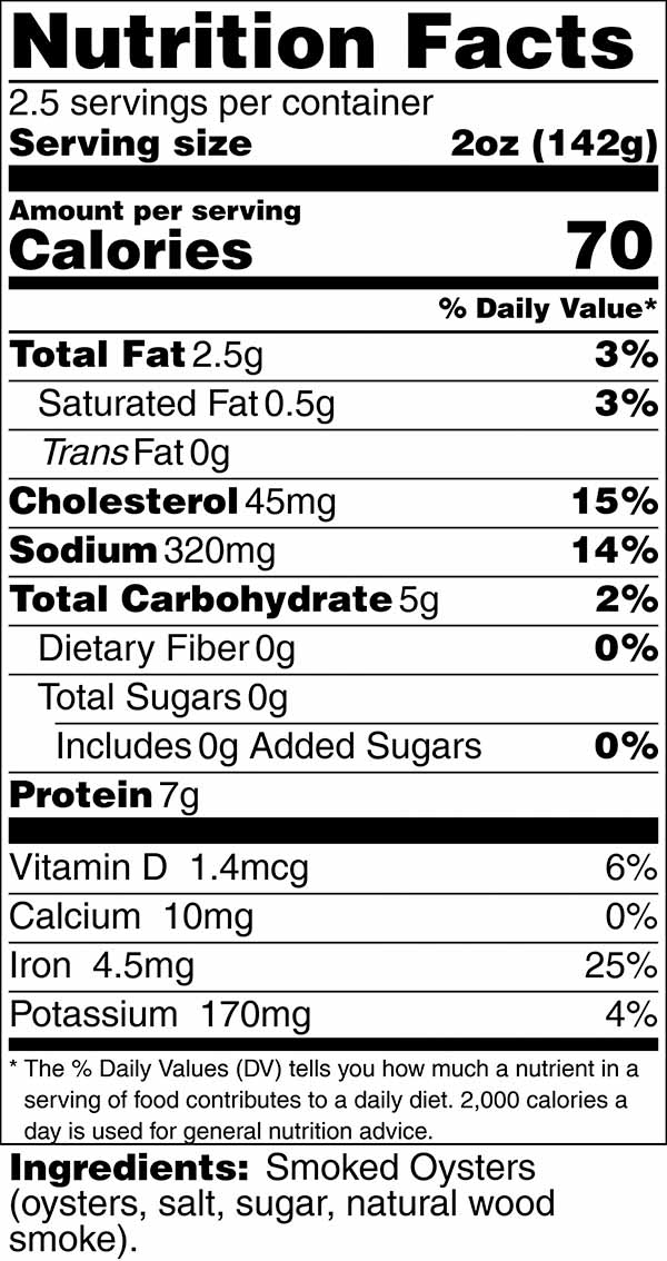 Smoked Oysters nutrition label