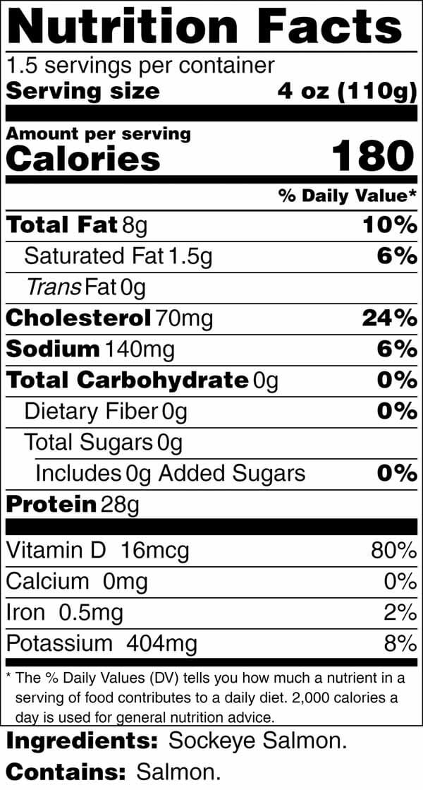 Sockeye Salmon 6oz nutrition label