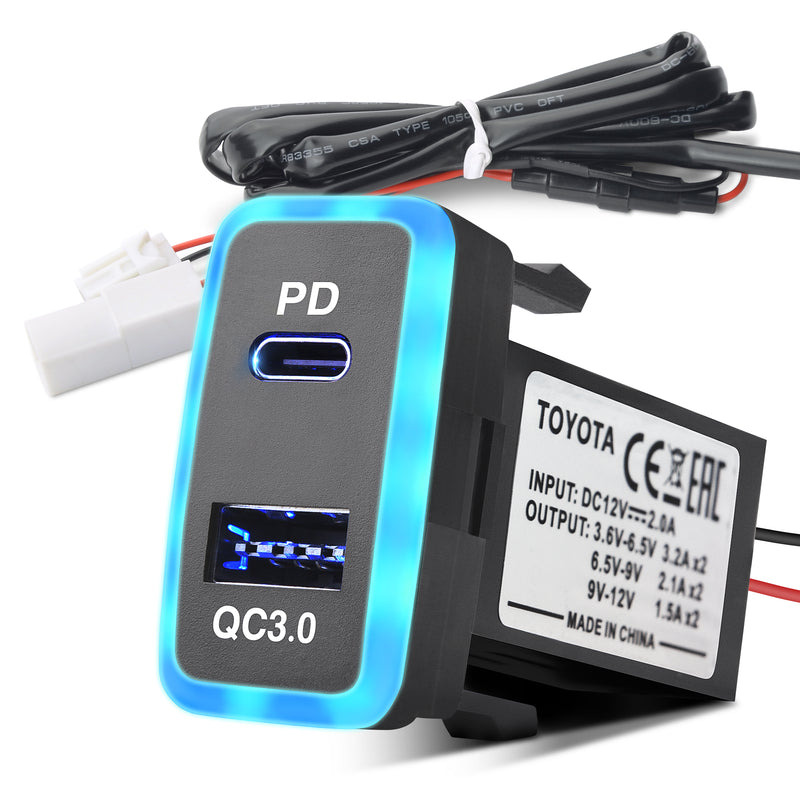 MICTUNING 12V/24V USB C Car Charger for Toyota, Dual USB Ports QC3.0 & PD Type C Car Power Socket