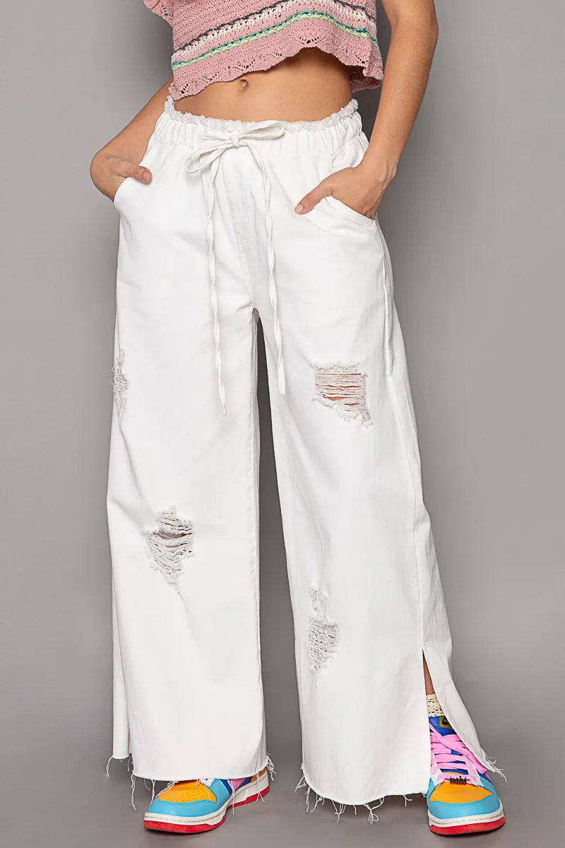 Distressed Drawstring Slit Wide leg Pants