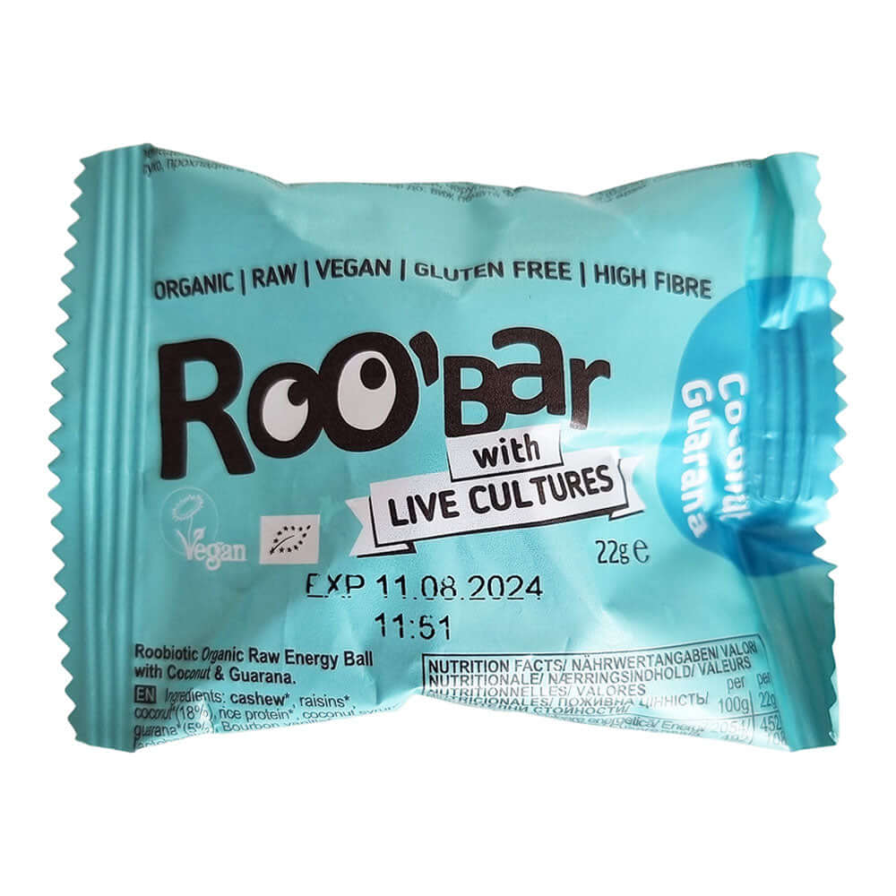 Energy ball Roobiotic cu Cocos si Guarana, Roobar, fara gluten, bio, 22 g