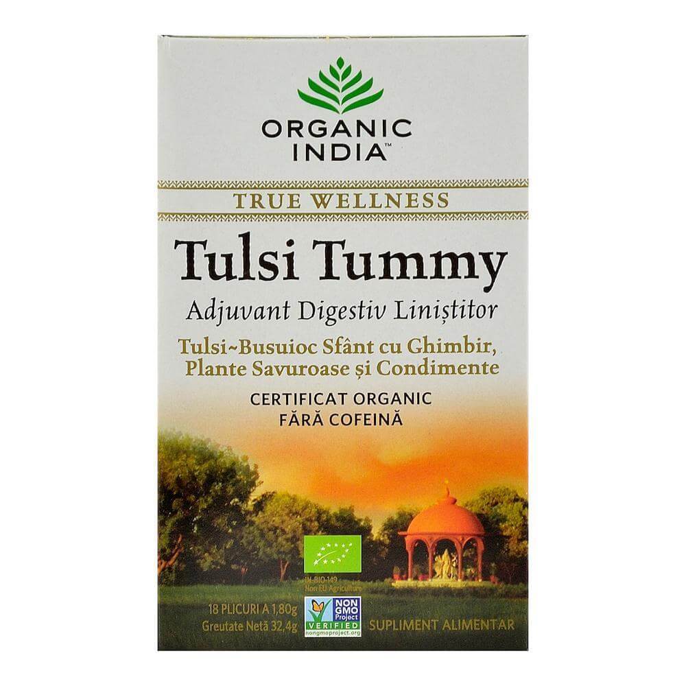 Ceai tulsi tummy organic india, bio, 18 plicuri, 32,4 g